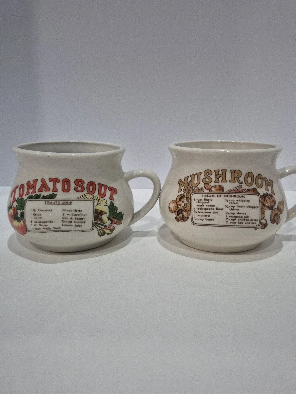 Vintage 70's Soup Recipe Mushroom & Tomato Soup Cups Set Of 2